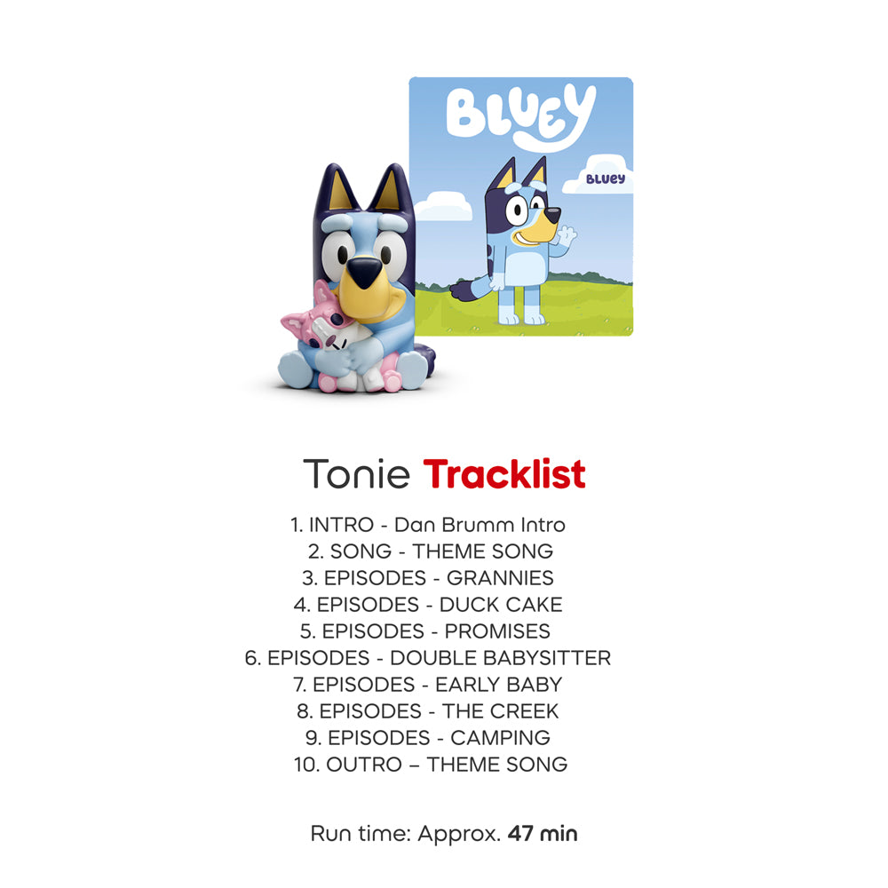 Tracklist for the Tonies Audio Characters Bluey 3-Pack multipack with bluey, bingo and muffin.