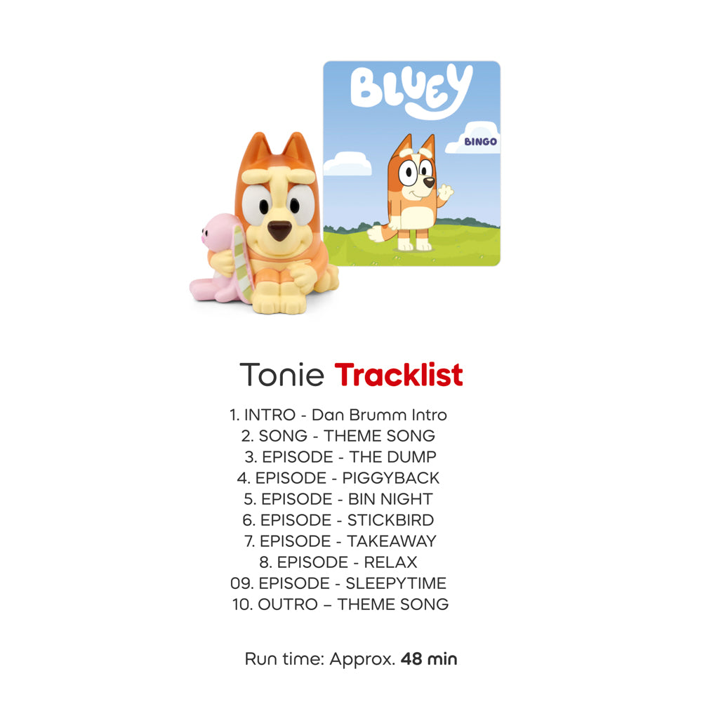 Tracklist for the Tonies Audio Characters Bluey 3-Pack multipack with bluey, bingo and muffin.