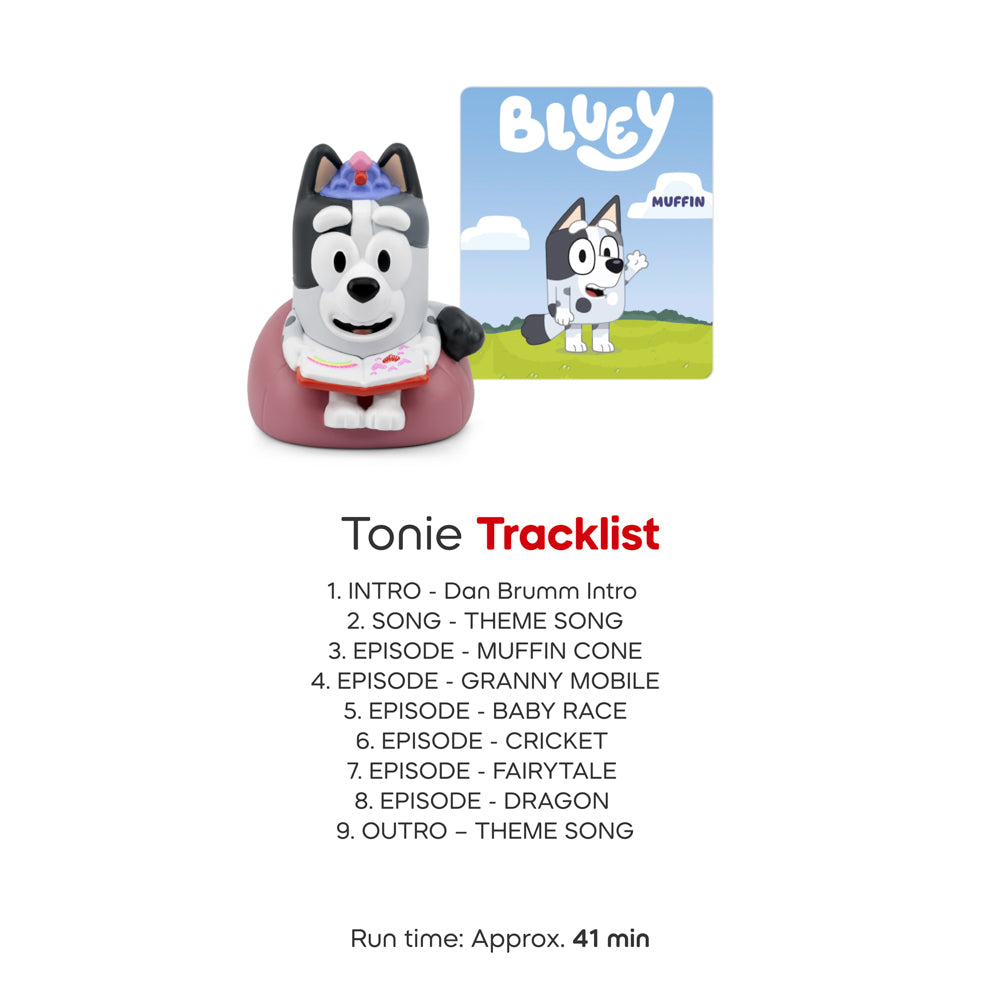 Tracklist for the Tonies Audio Characters Bluey 3-Pack multipack with bluey, bingo and muffin.