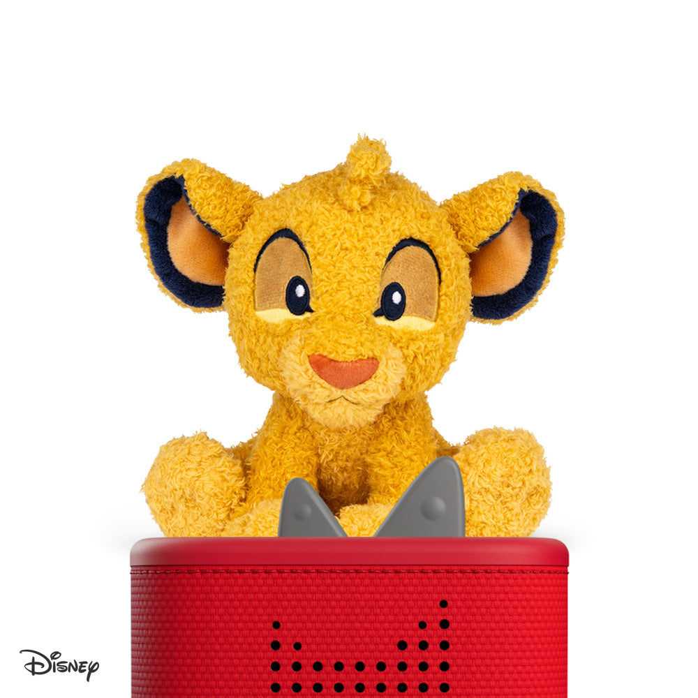Tonies Cuddle Tonie  - Simba plush figure, on top of toniebox