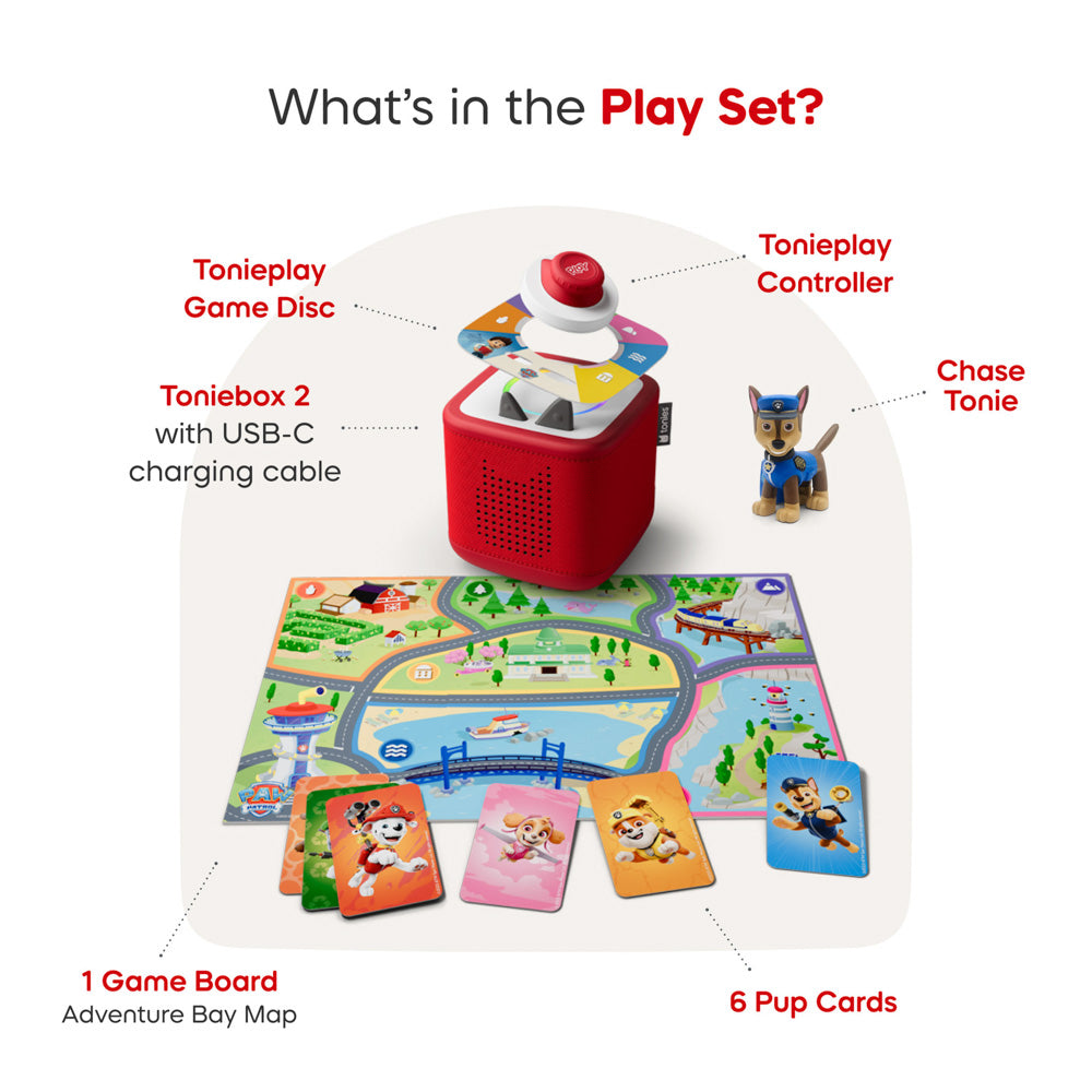 Included in the set is the game disc, toniebox 2, controller, tonie Chase figure, game board, and pup cards.