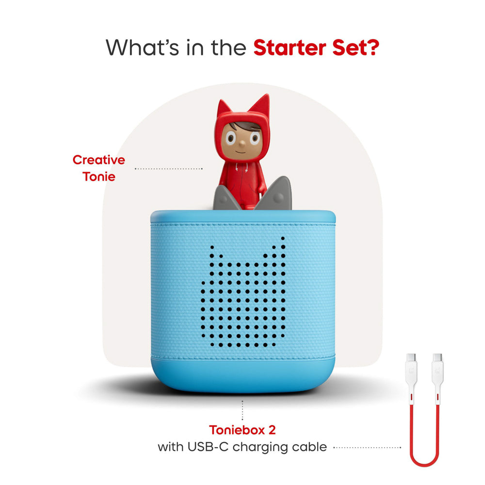 Toniebox, creative tonie, and charging cord included in the Tonies Toniebox 2 Creative Tonie Rubie Starter Set