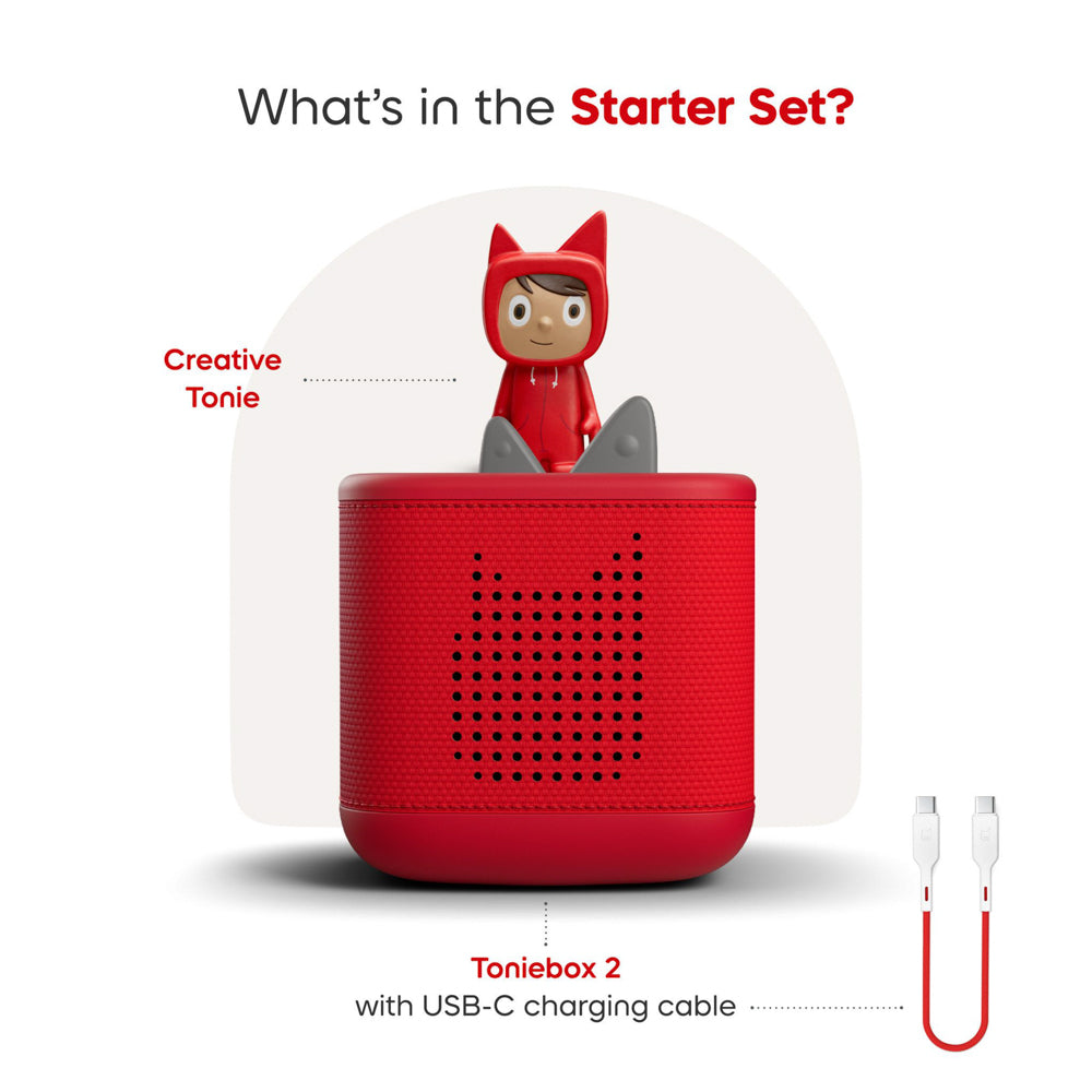 creative tonie, tonie box, and charging cable included in set, Tonies Toniebox 2 Creative Tonie Rubie Starter Set Sunset Red speaker