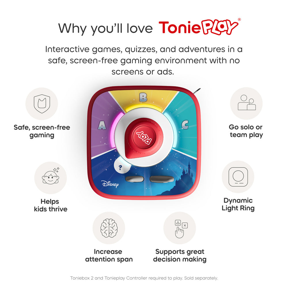 screen free fun, listening skills, and attention span building, with the Tonies Tonieplay disc Disney Quiz Kingdom Game