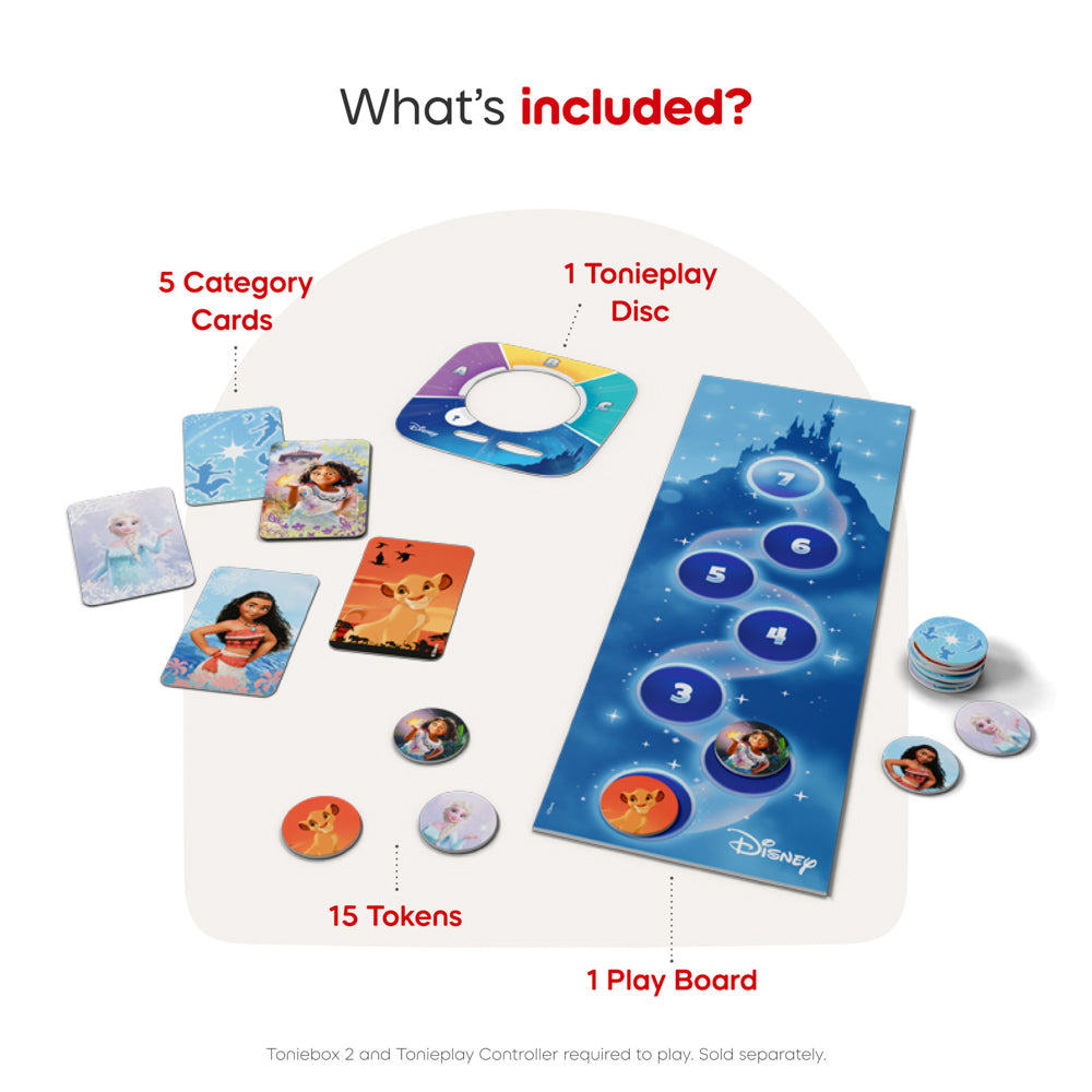 5 category cards, 1 tonieplay disc, 15 tokens, and 1 play board included in the Tonies Tonieplay disc Disney Quiz Kingdom Game