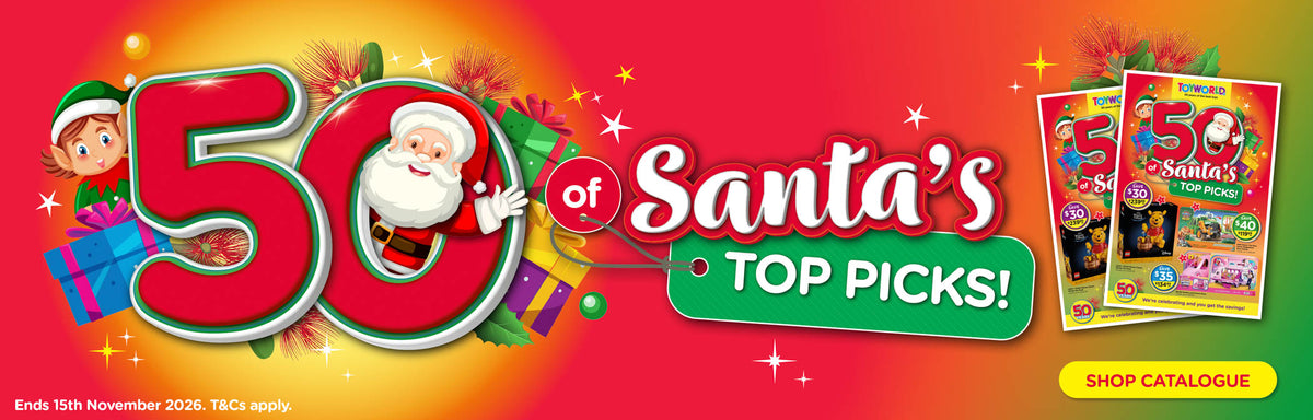 Toyworld Santa's top toy picks sale catalogue banner.
