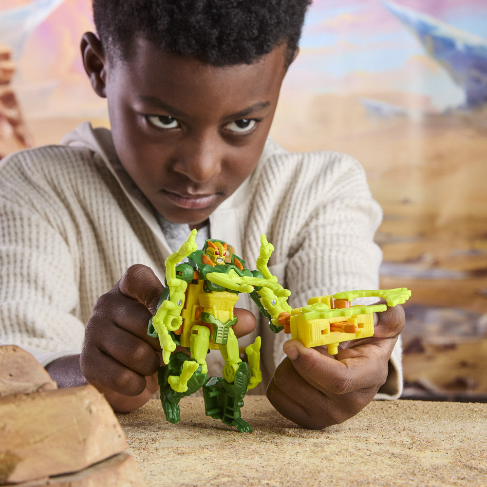 Child playing with the Transformers Cyberworld Armored Cyber Changers Chop Shop figure