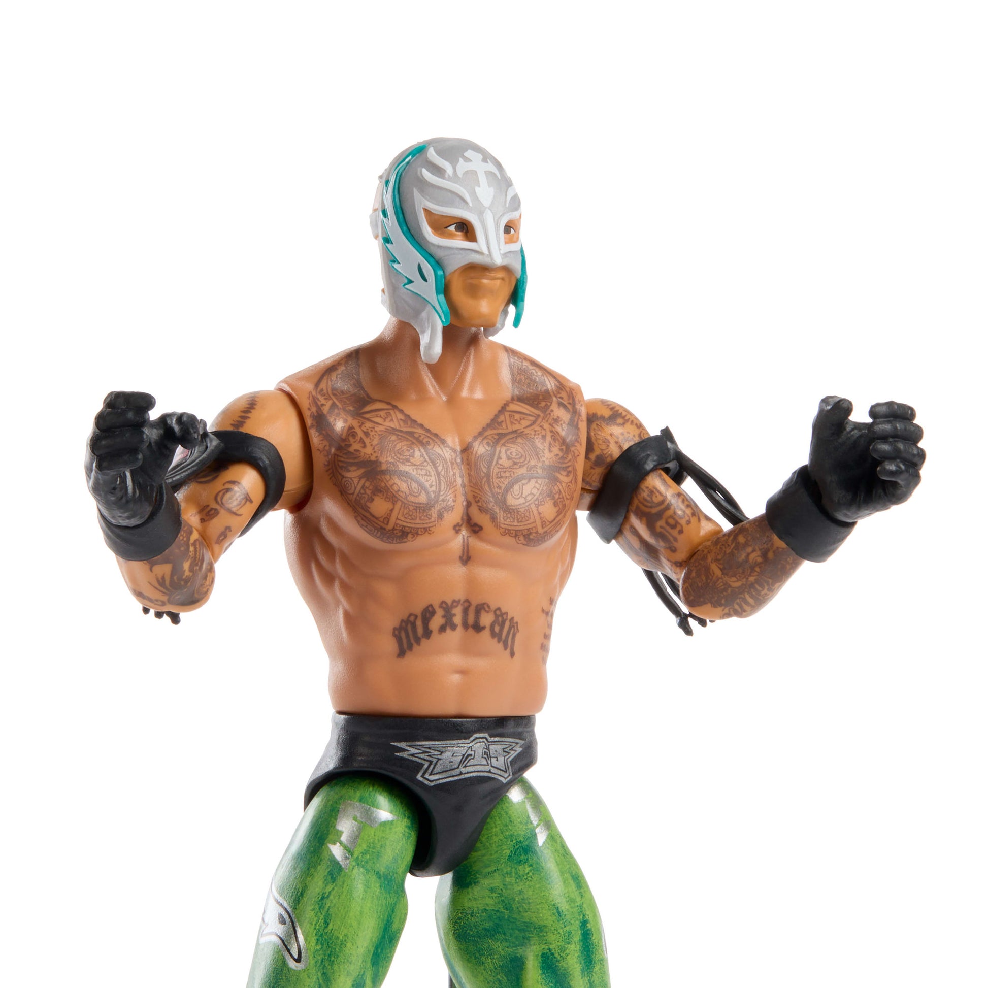 Close up of the WWE Main Event Greatest Hits Rey Mysterio Action Figure doll