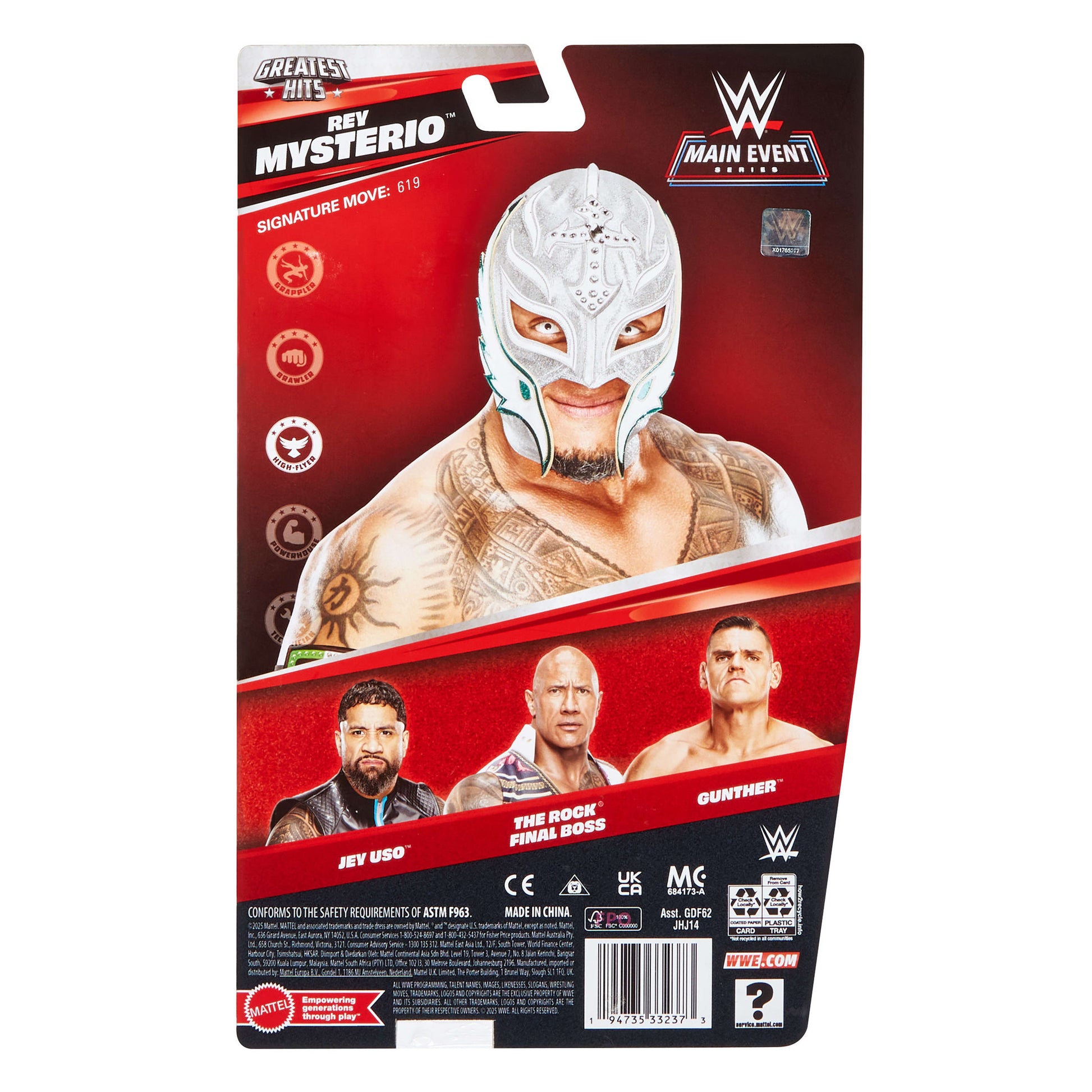 Back packaging of the WWE Main Event Greatest Hits Rey Mysterio Action Figure doll