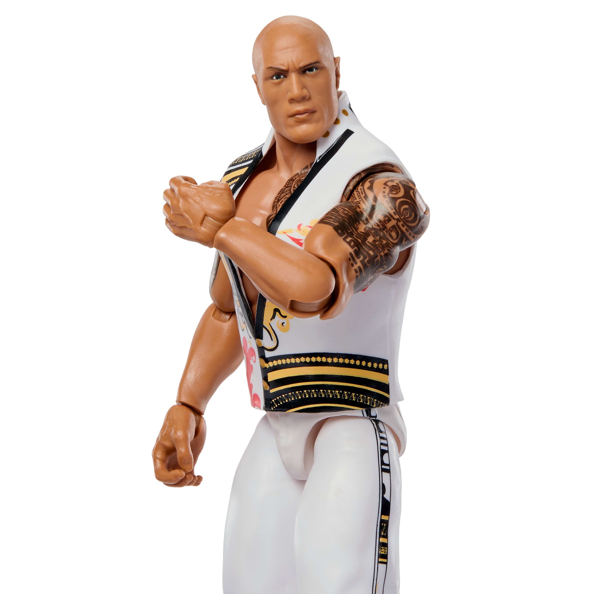 Close up of the WWE Main Event Greatest Hits The Rock Dwayne Johnson Action Figure doll