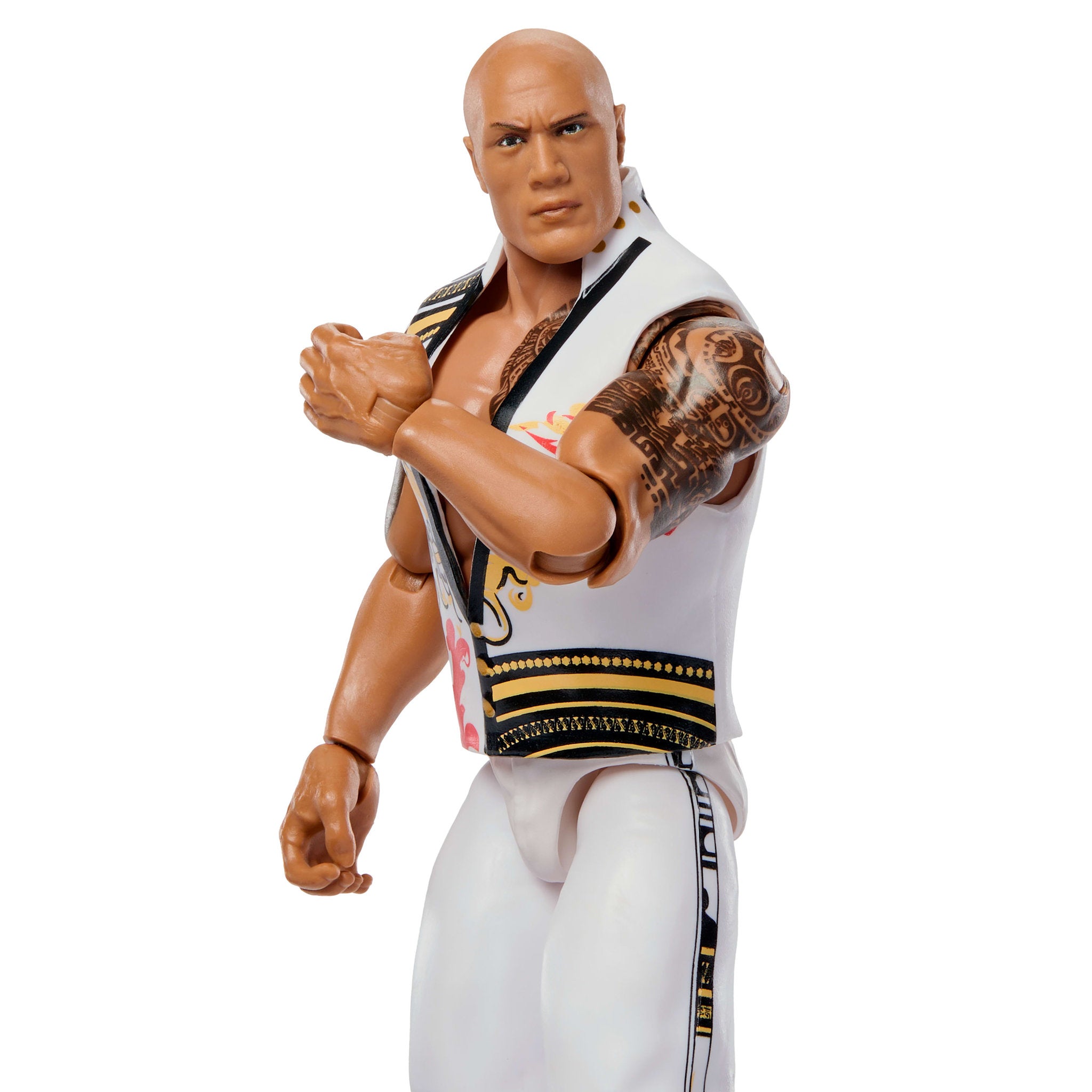 Close up of the WWE Main Event Greatest Hits The Rock Dwayne Johnson Action Figure doll