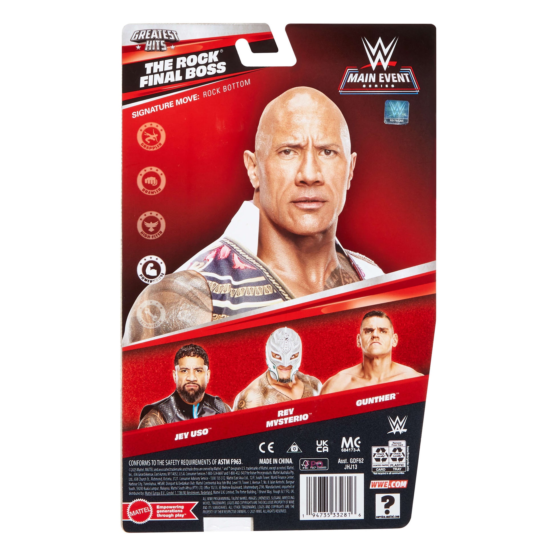Back packaging of the WWE Main Event Greatest Hits The Rock Dwayne Johnson Action Figure doll