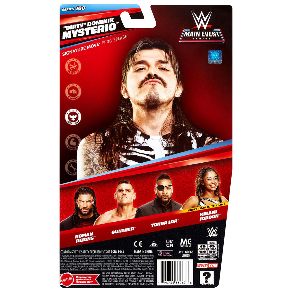Back packaging of the WWE Main Event Series 160 Dominik Mysterio Action Figure