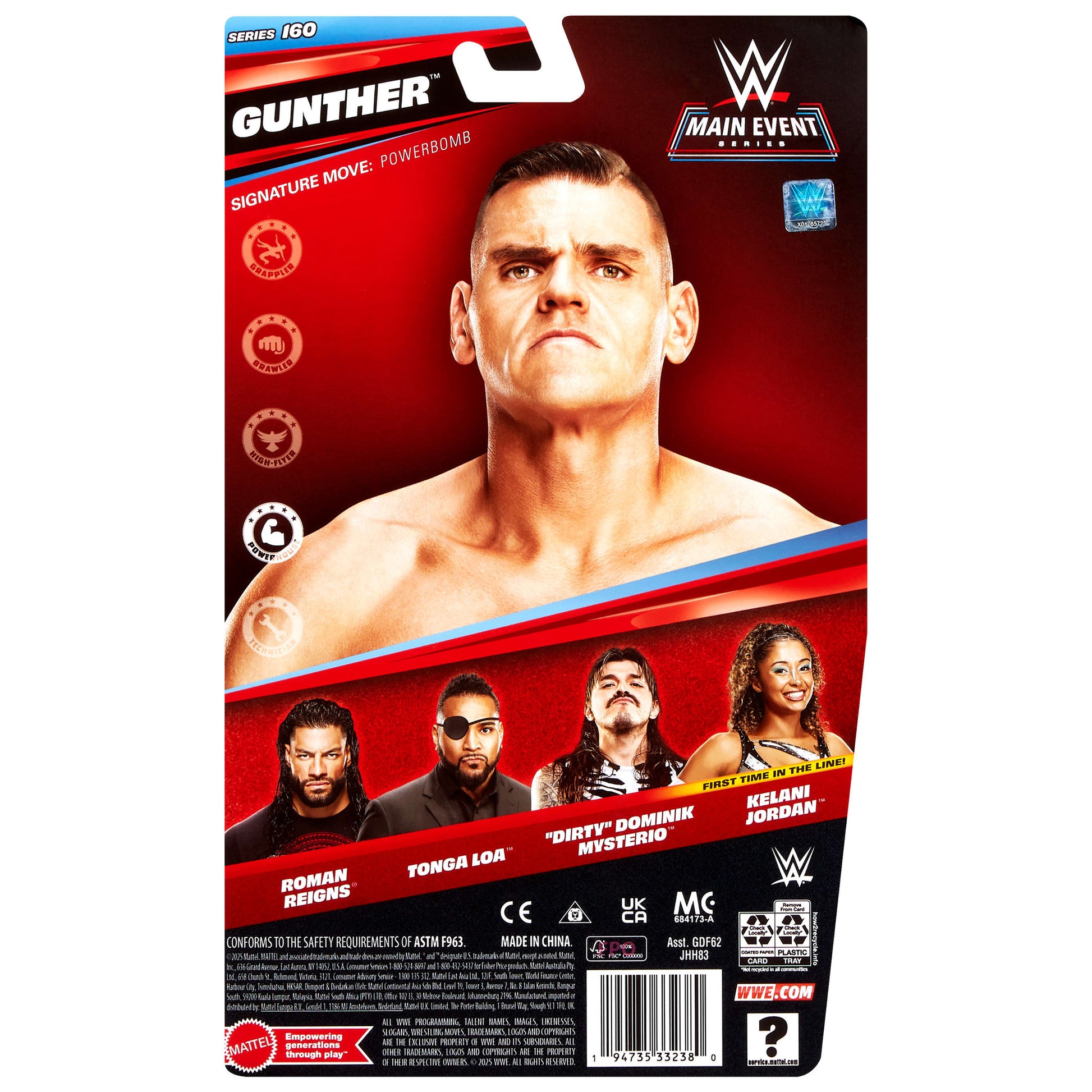 Back packaging of the WWE Main Event Series 160 Gunther Action Figure doll