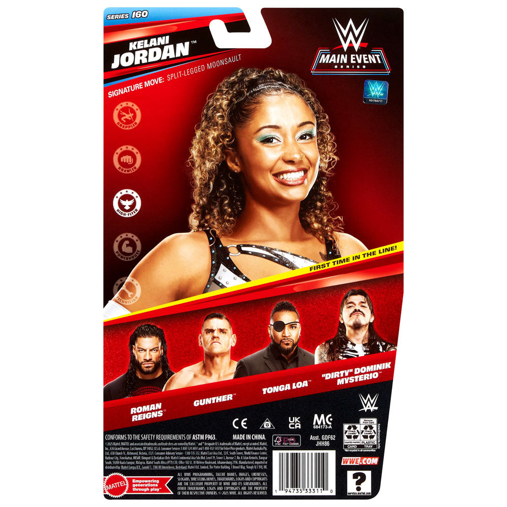 Back packaging of the WWE Main Event Series 160 Kelani Jordan Action Figure doll