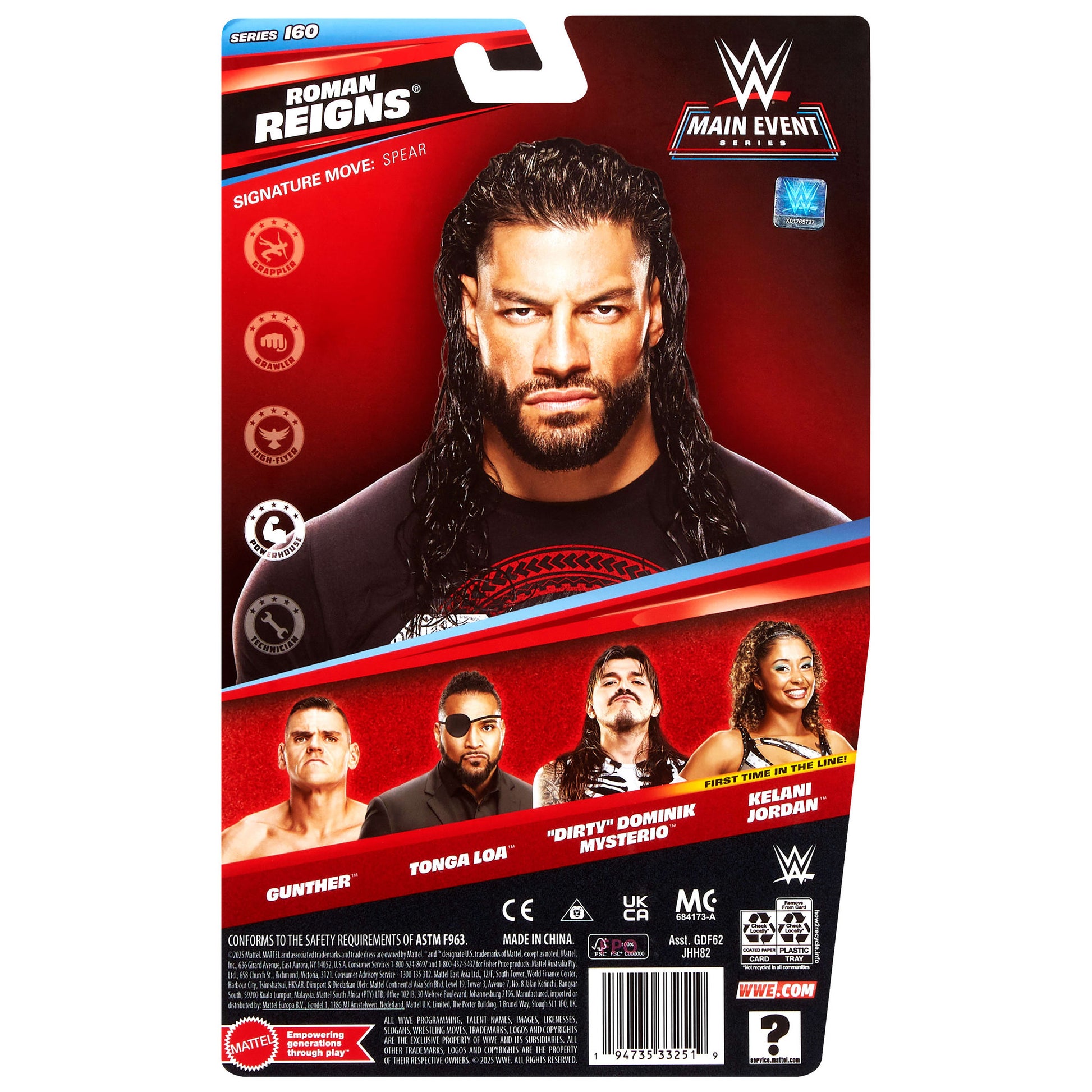 Back packaging of the WWE Main Event Series 160 Roman Reigns Action Figure doll