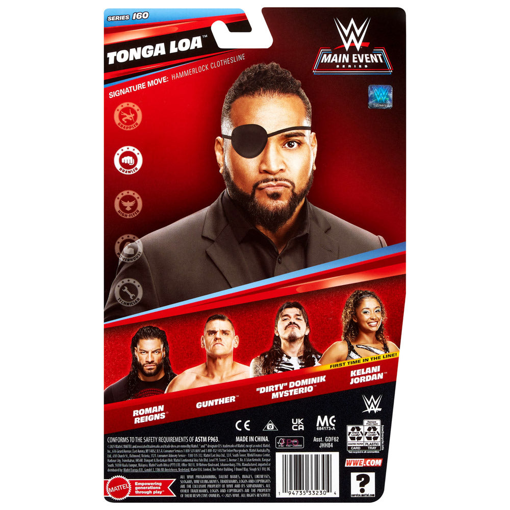 Back packaging of the WWE Main Event Series 160 Tonga Lao Action Figure doll