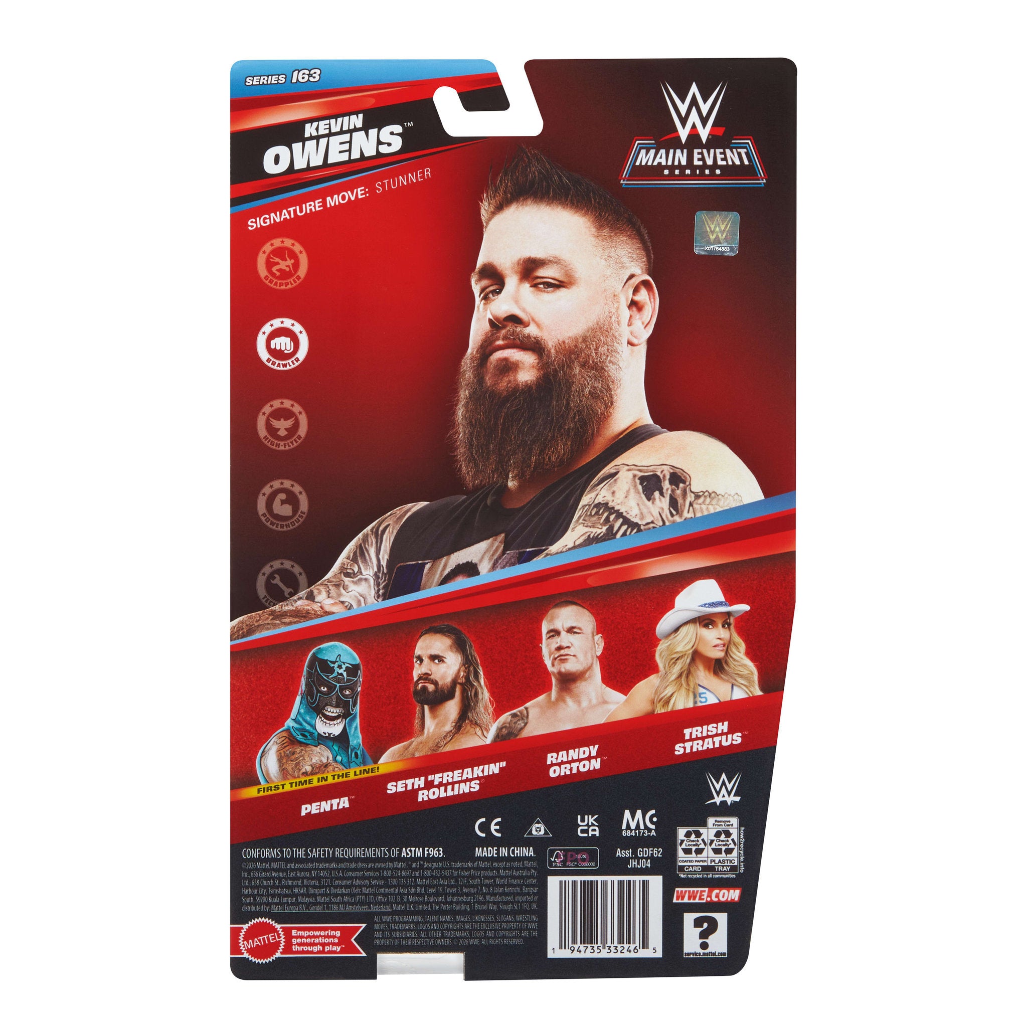 Back packaging of the WWE Main Event Series 163 Kevin Owens Action Figure doll