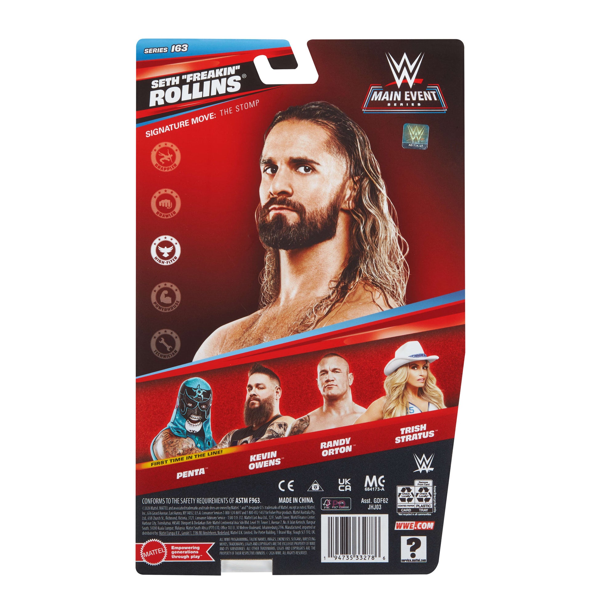 Back packaging of the WWE Main Event Series 163 Seth Rollins Action Figure doll