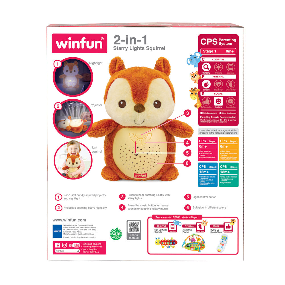 Back packaging for the Winfun 2-In-1 Starry Lights Squirrel night light