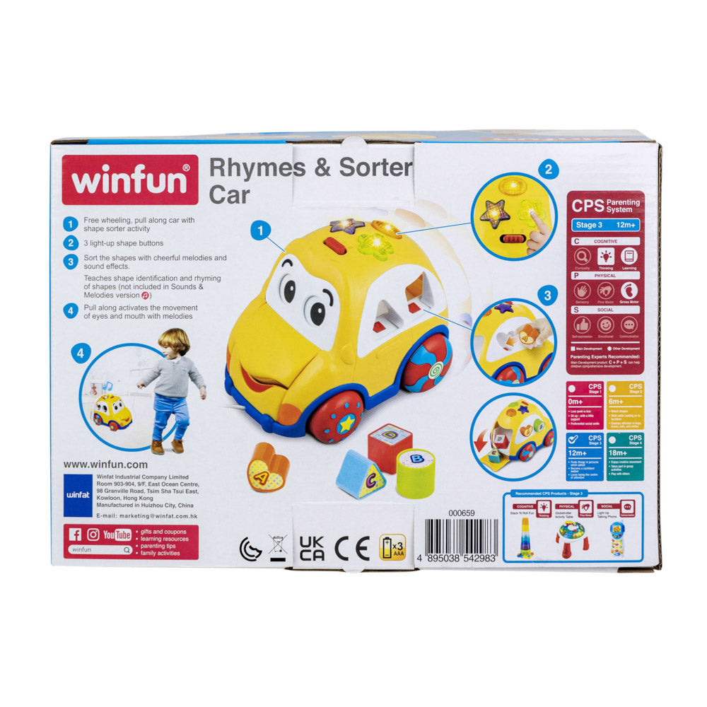 Back packaging of the Winfun Rhymes & Sorter Car with music and shape sorting learning