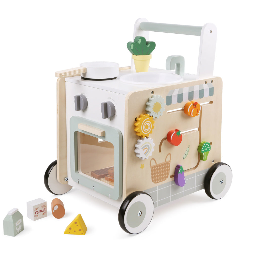 Wooden Cooking Activity Walker with oven, sink, and stove.