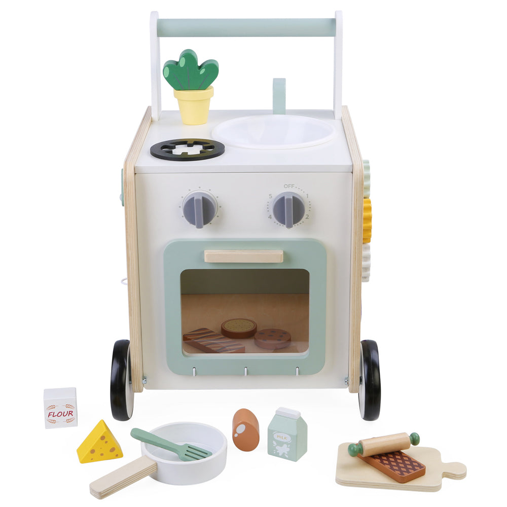 Accessories in the Wooden Cooking Activity Walker with oven, sink, and stove.