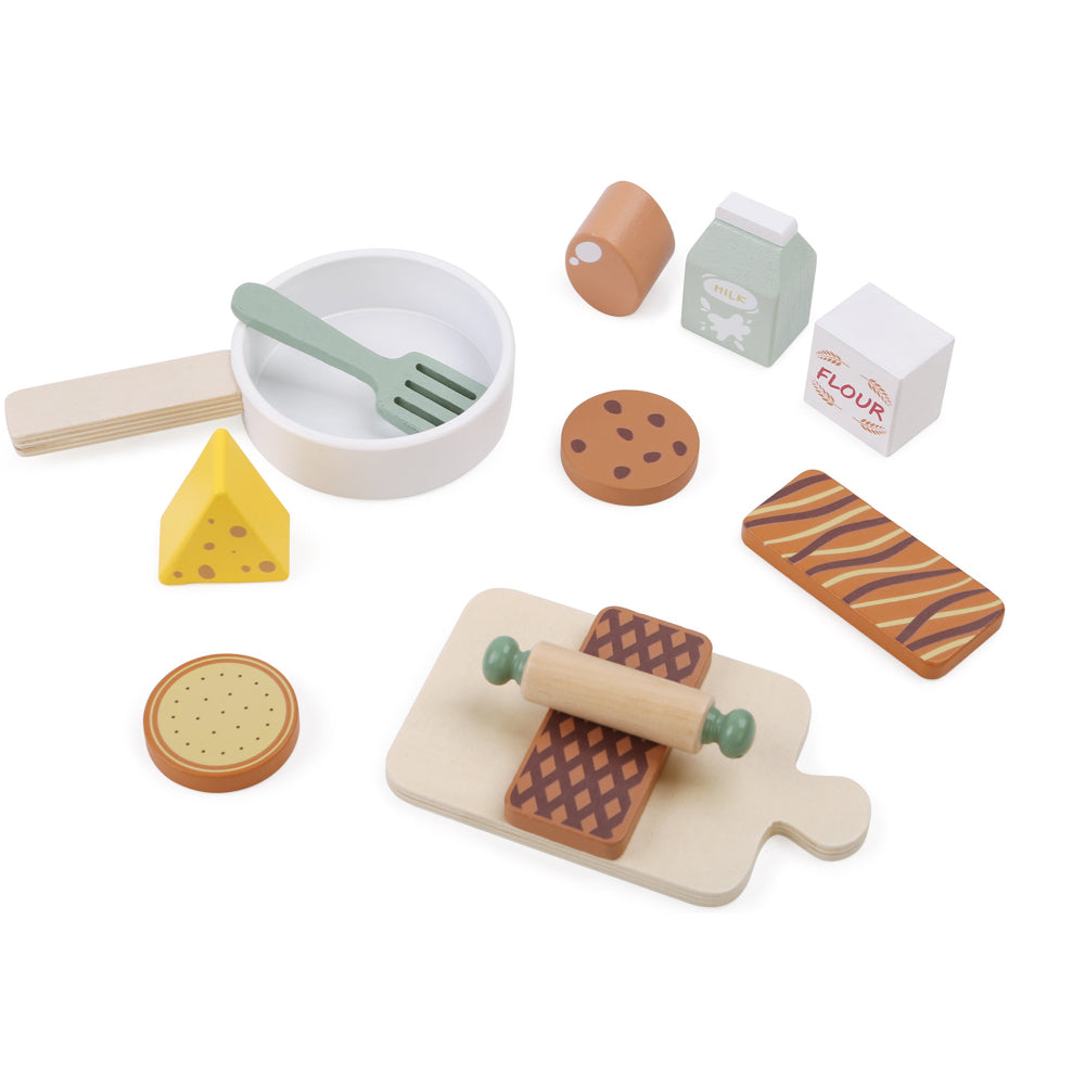 Cooking utensils in the Wooden Cooking Activity Walker with oven, sink, and stove.