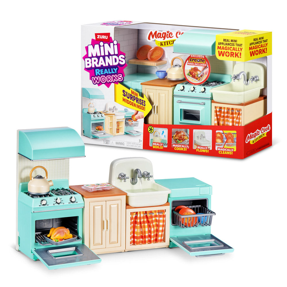 ZURU Mini Brands Magic Cook Kitchen Playset Toy with dishwasher, sink, stove, and oven.