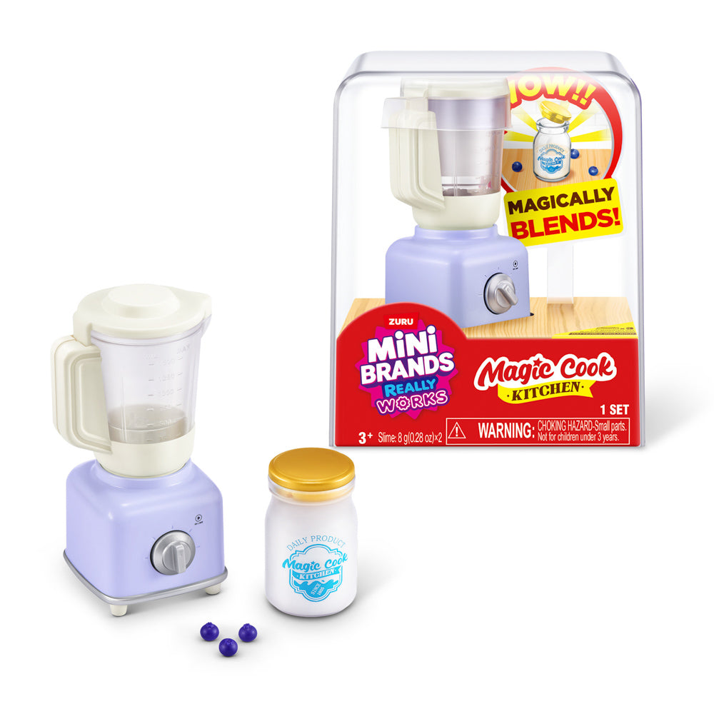 ZURU Mini Brands Magic Cook Kitchen S1 Toy Blender, in front of packaging