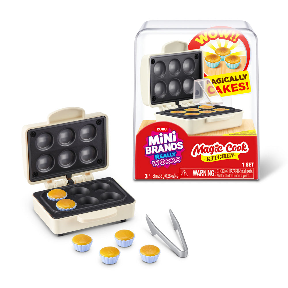 ZURU Mini Brands Magic Cook Kitchen S1 Toy Cup Cake Maker Oven in front of packaging