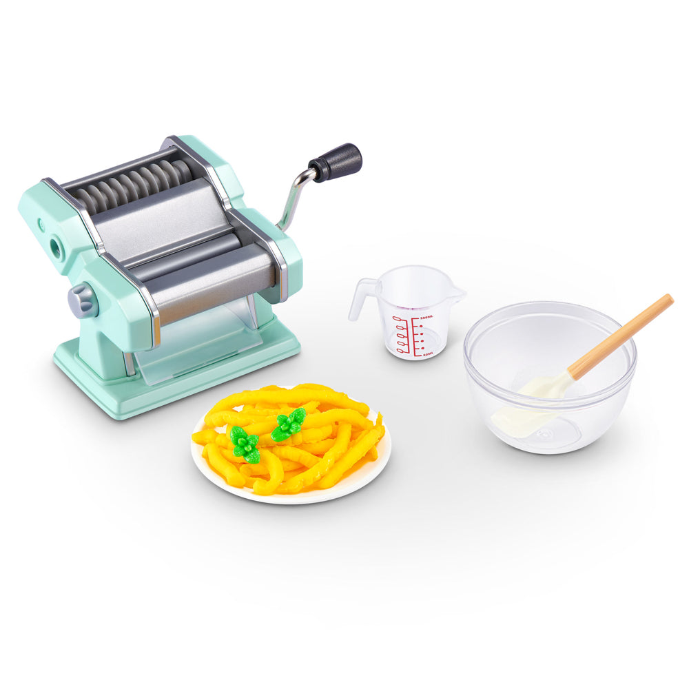 Toy pasta maker, pasta, and bowls in the ZURU Mini Brands Magic Cook Kitchen S1 Toy Pasta Maker