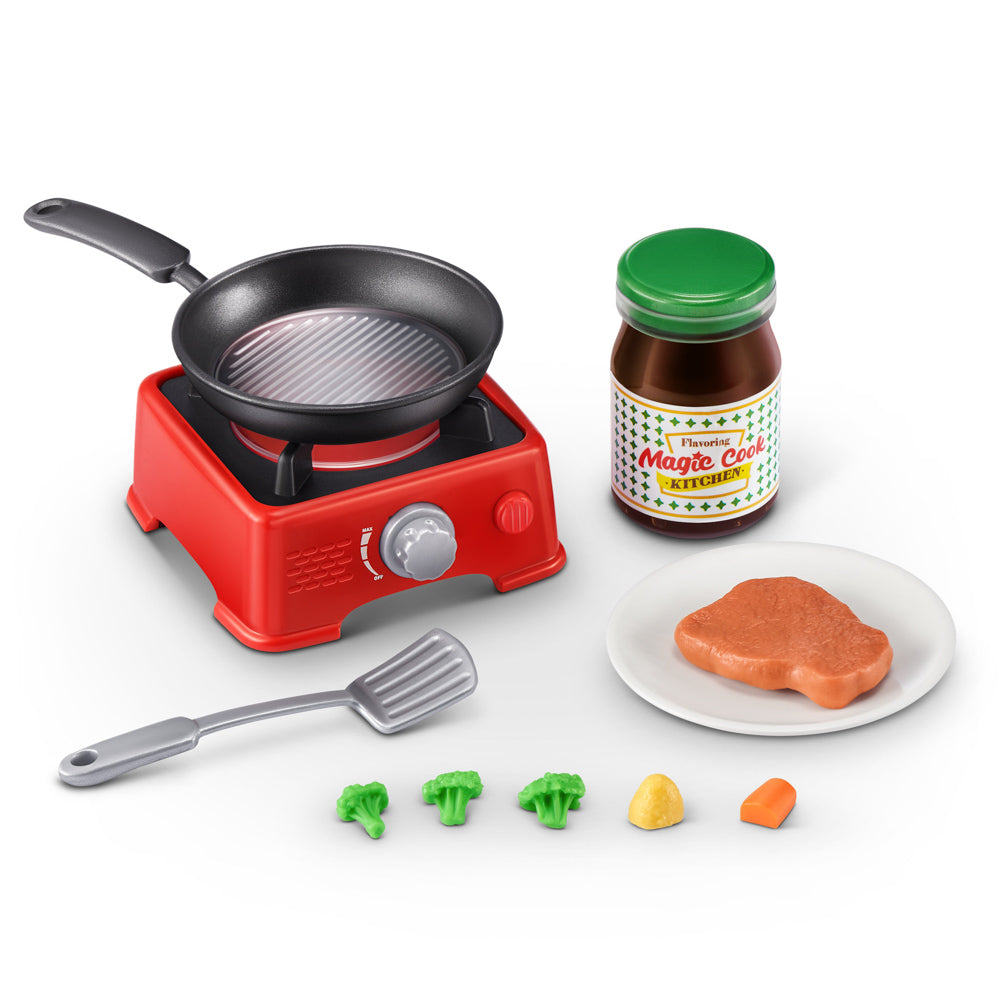 Stove, pan, steak and vegetables included in the ZURU Mini Brands Magic Cook Kitchen S1 Toy Steak With Pan