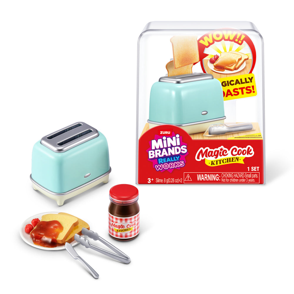 Toaster in front of packaging for the ZURU Mini Brands Magic Cook Kitchen S1 Toaster