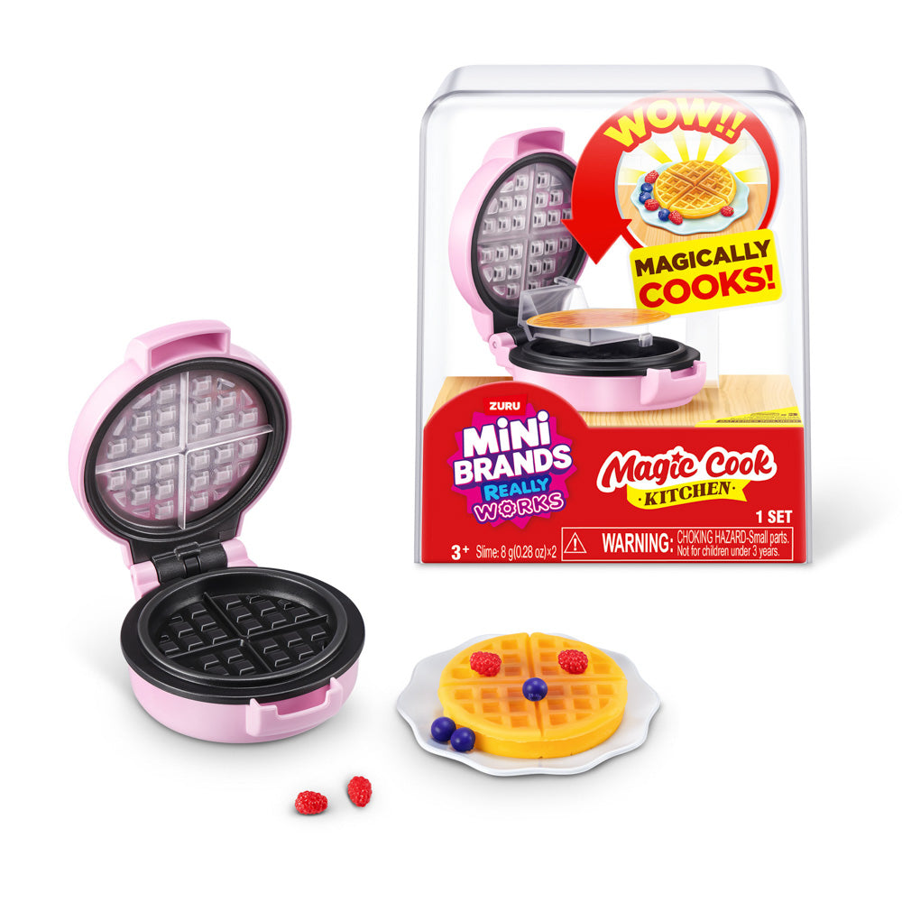 ZURU Mini Brands Magic Cook Kitchen S1 Toy Waffle Maker in front of packaging