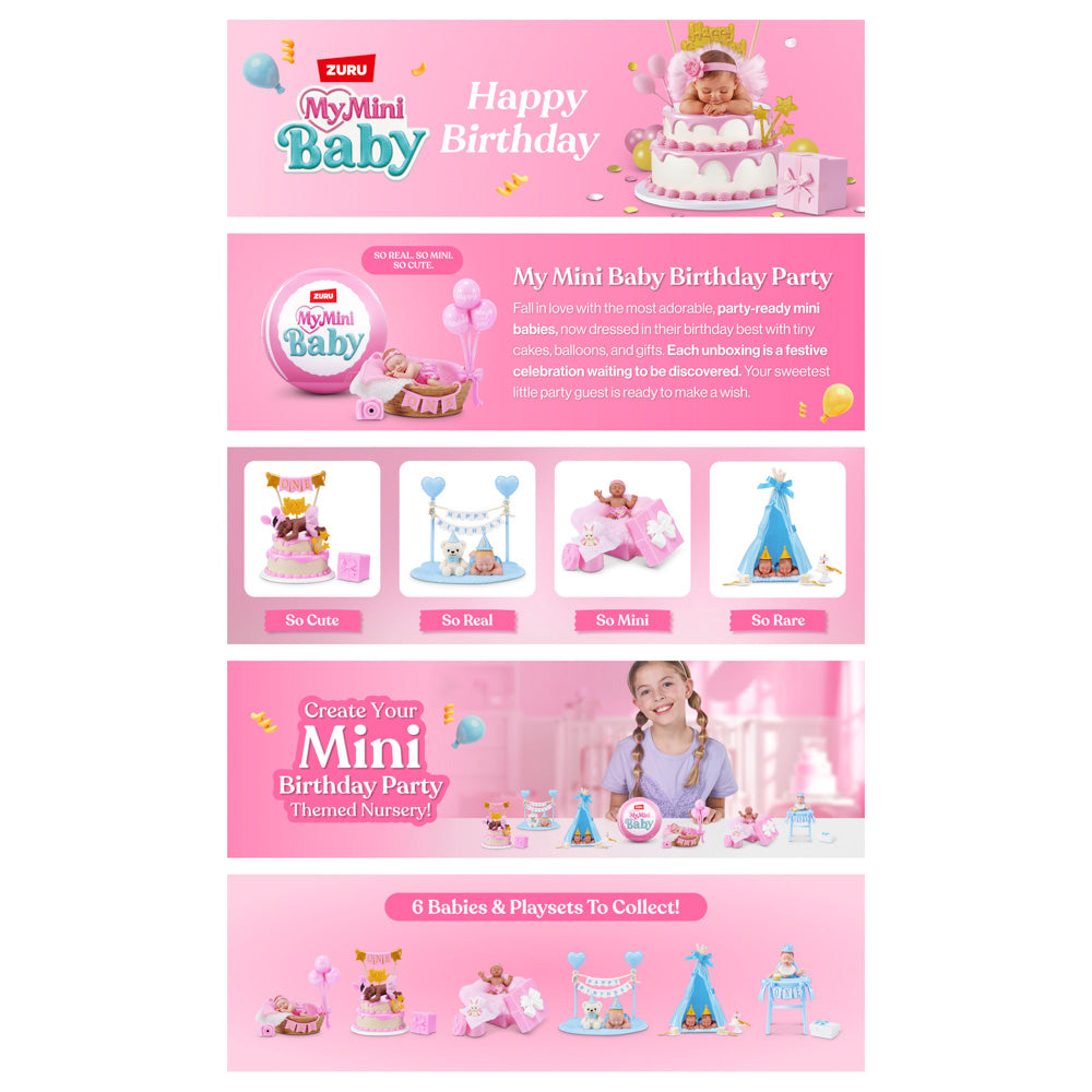 My Mini baby doll, ready to celebrate with a birthday-themed playset element and accessories for an exciting unboxing experience.
