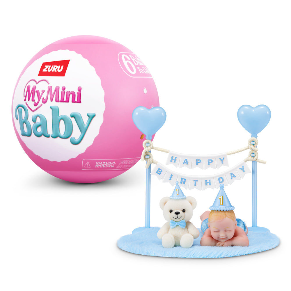 Blue baby on plat mat, from the ZURU My Mini Baby Birthday Series 1 Blind Surprise Capsule