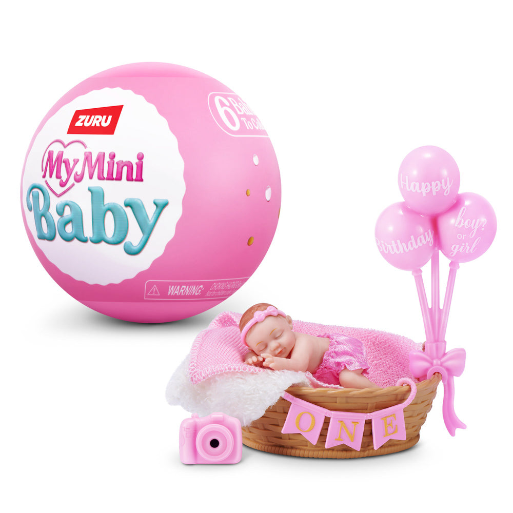 Girl baby in basket, from the ZURU My Mini Baby Birthday Series 1 Blind Surprise Capsule