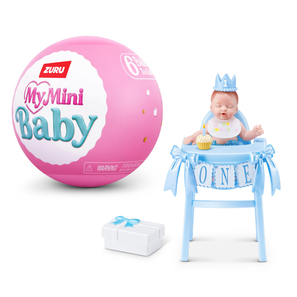 Boy baby in highchair, from the ZURU My Mini Baby Birthday Series 1 Blind Surprise Capsule