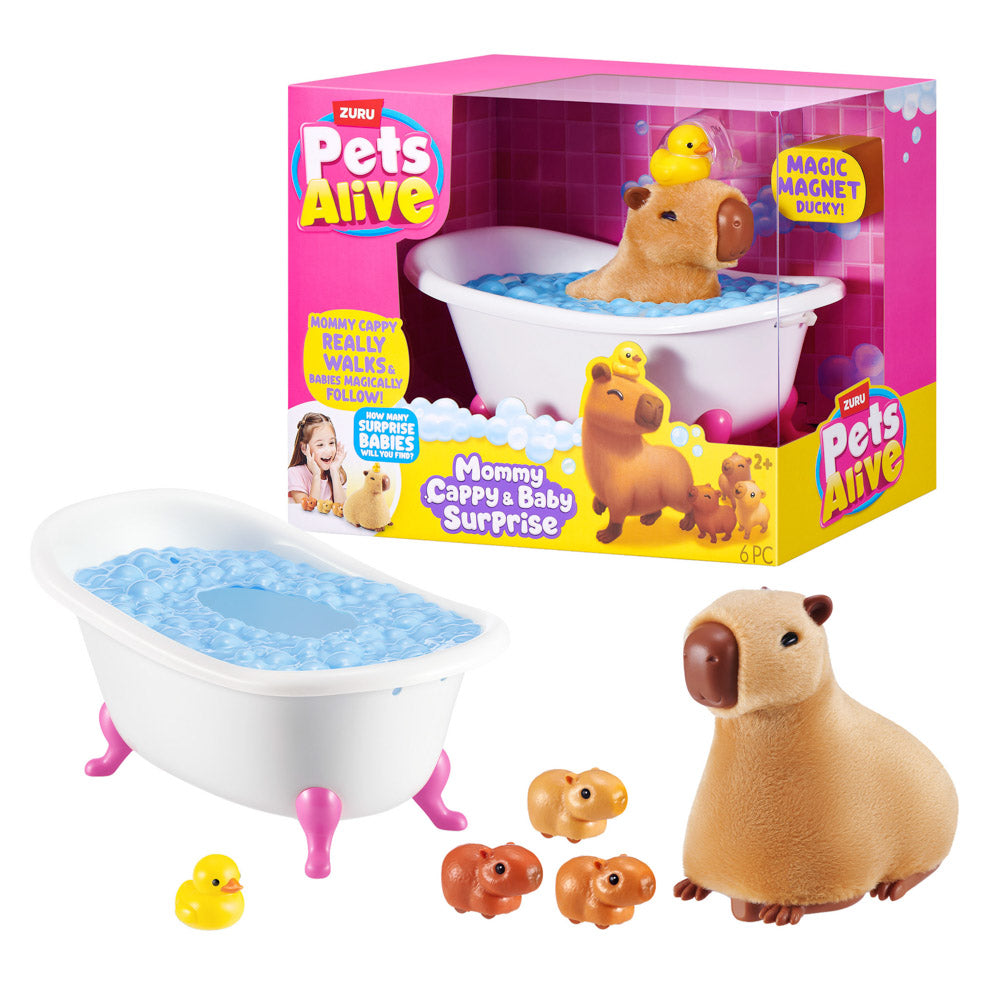ZURU Pets Alive Walking Mama Capybara and Baby Surprise toy, in front of packaging