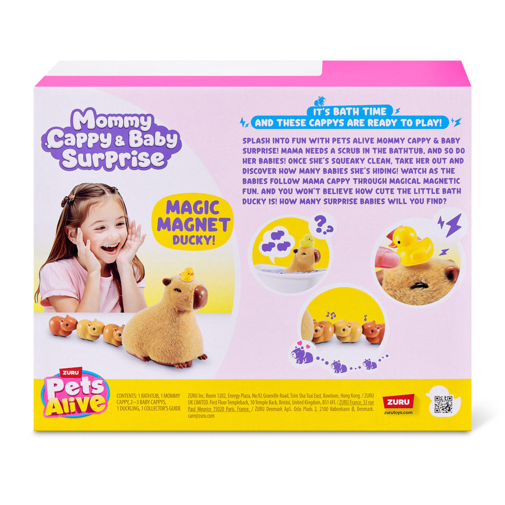Back of packaging for the ZURU Pets Alive Walking Mama Capybara and Baby Surprise toy