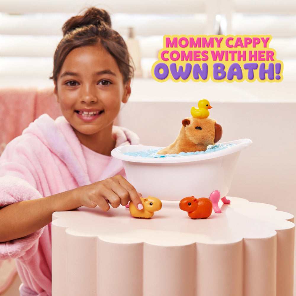 Mother cappy comes with a bath and a magnetic duck on her head, in the ZURU Pets Alive Walking Mama Capybara and Baby Surprise toy set