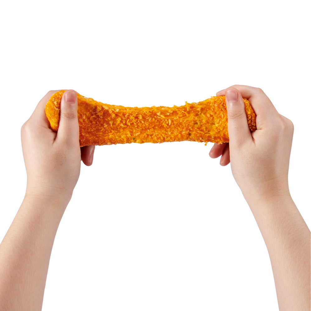 Hands stretching the ZURU Slime Mart Small Shopping Bag Series 2 Mozzarella Sticks slime